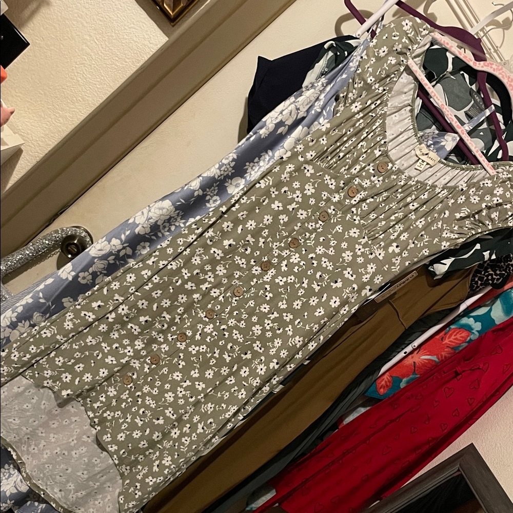 Derek Heart Olive Green Floral Midi Dress with White Blooms